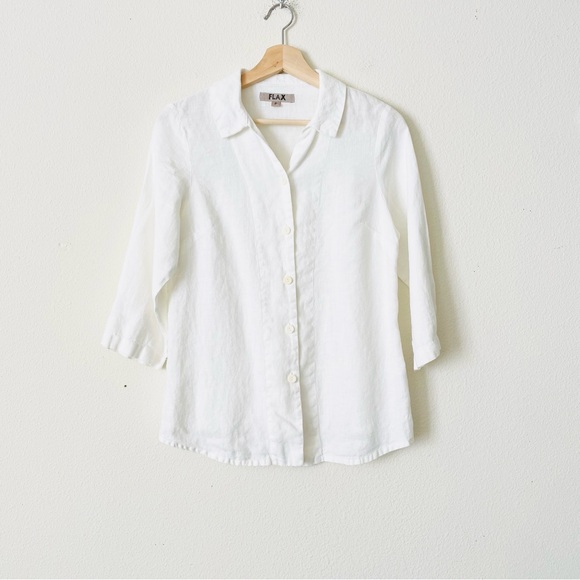 Flax SMALL 100% linen white button down 3/4 sleeve shirt
